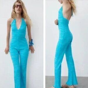 NEW ZARA Turquoise Ribbed Knit Bell-Leg Cotton Blend Jumpsuit/Overall- Blog Fav